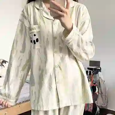 夏芬妍 简约舒适休闲不规则条纹熊猫印花翻领开衫纯棉家居服亲肤柔软长袖长裤可外穿睡衣礼盒 女款 浅绿色