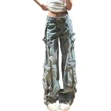 悍戈 复古重工多口袋飘带设计感工装阔腿裤潮牌牛仔裤 男女同款