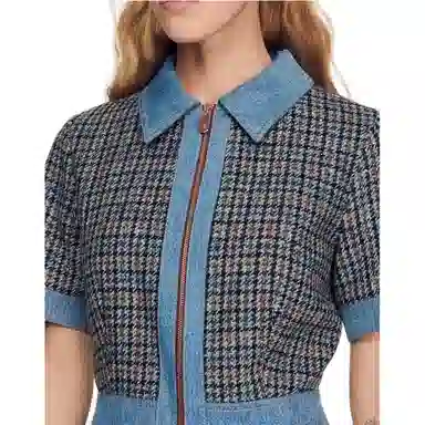 Sandro FW22 Denim Patchwork Plaid Dress Blue