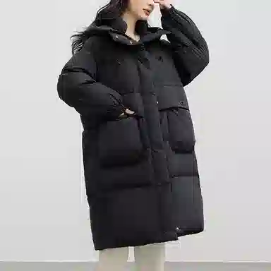 鸭鸭 撞色连帽加厚保暖长款长袖羽绒服 女款