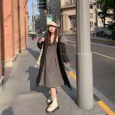 小镇姗姗 翻领拼接单排扣套头长袖连衣裙