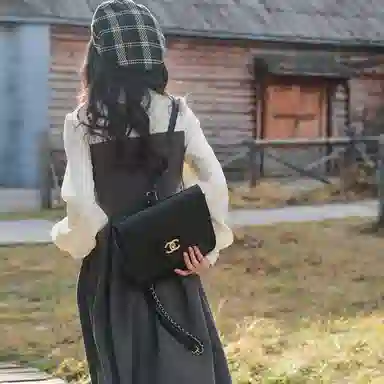 小镇姗姗 翻领拼接单排扣套头长袖连衣裙