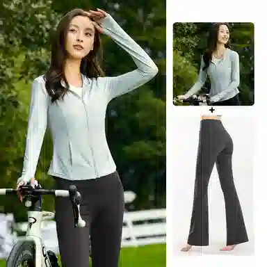 欧迪芬 修身连帽春夏冰丝防晒服凉感短款显瘦外套微喇叭裤两件套速干时尚运动风轻盈舒适感防晒衣透气性好时尚设计显瘦效果健身套装 女款