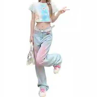 桴生 复古水洗渐变多巴胺高腰宽松拖地裤牛仔裤 女款 腮红