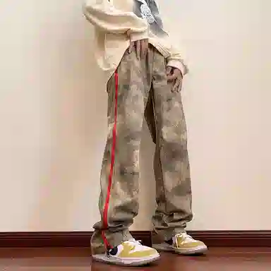 悍戈 美式复古街头潮流迷彩侧边拉链拼接宽松直筒垂感工装休闲裤 男女同款