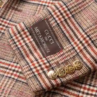 Gucci x adidas Logo Check Double-Breasted Blazer Beige