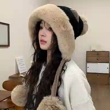 【韩版百搭~秋冬必备】 攸委 可爱小熊耳朵毛绒帽子女冬季加绒加厚保暖防寒护耳帽舒适 涤纶 萌趣创意时尚毛线帽雷锋帽 男女同款情侣款