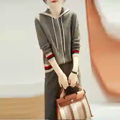 【dme】 连帽拼接条纹上衣系带针织裤子休闲运动套装 女款 中灰