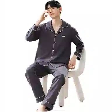 欧迪芬 纯色简约翻领舒适上衣亲肤长裤睡衣套装 男款 咖黑