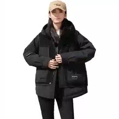 鸭鸭 拼接连帽拉链保暖长袖羽绒服 男女同款