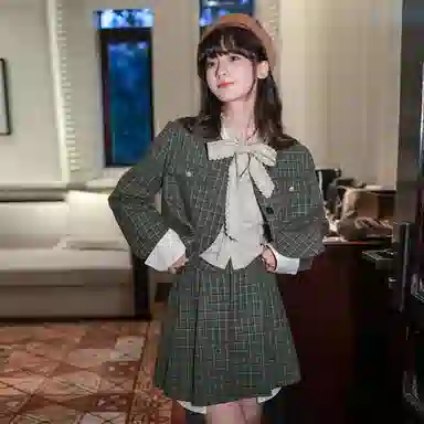 小镇姗姗 格纹外套半裙套装 女款 摩登绿