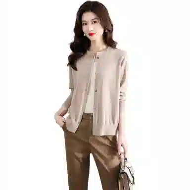 恒源祥 圆领时尚开衫通勤百搭纯色长袖针织衫 女款