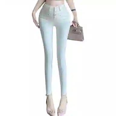 思蓓儿 高腰纯色修身铅笔牛仔裤 女款 米白色