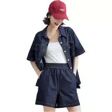 莫代尔 百搭优雅通勤短袖纯色百搭时尚衬衫套装 女款 深蓝