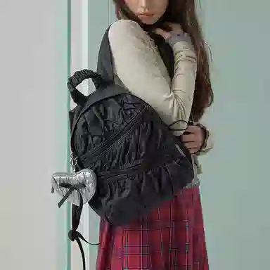 萝拉原创 轻便简约大容量 涤纶 双肩包 小号 女款 银色/奶白色/黑色/绿色