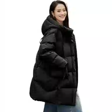 鸭鸭 纯色宽松连帽保暖中长款长袖羽绒服 女款