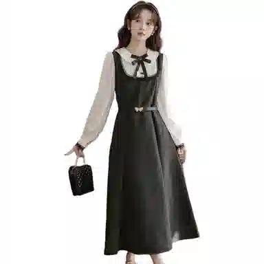 莫代尔 学院风撞色提花雪纺假两件长袖连衣裙 女款 黑茶灰