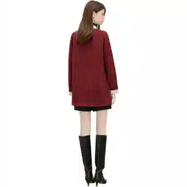 她池 圆领单排扣中长款蕾丝拼接夹克外套 女 红色