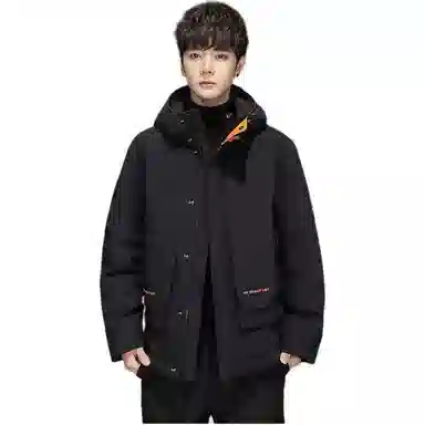 鸭鸭 短款纯色连帽拉链长袖羽绒服 男款 黑色