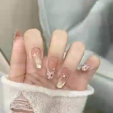 柚予颜 甜酷豹纹法式猫眼蝴蝶结高级美甲穿戴甲  长款粉色渐变 纯欲