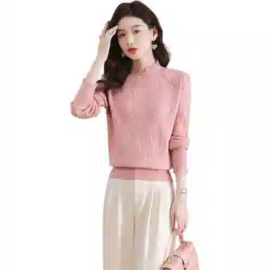 恒源祥 半高领花边蕾丝拼接打底纯色长袖针织衫 女款