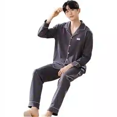 欧迪芬 纯色简约翻领舒适上衣亲肤长裤睡衣套装 男款 咖黑