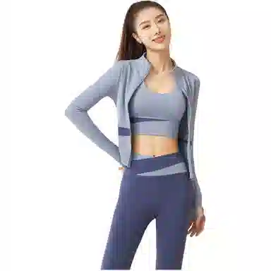 欧迪芬  欧若风蜜桃拼色三件套裸感无缝外套免穿胸垫文胸背心瑜伽裤速干跑步健身服套装出游运动普拉提臀高腰高弹力显瘦  瑜伽套装  女款