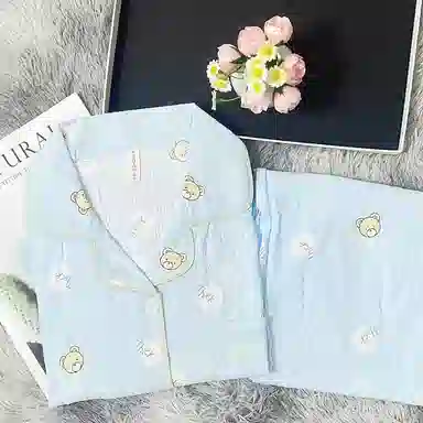 夏芬妍 简约卡通满印圆点小熊翻领云朵棉短袖长裤家居服可爱舒适休闲可外穿睡衣套装 女款 蓝色