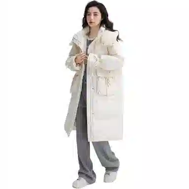 鸭鸭 纯色口袋连帽中长款长袖羽绒服 女款