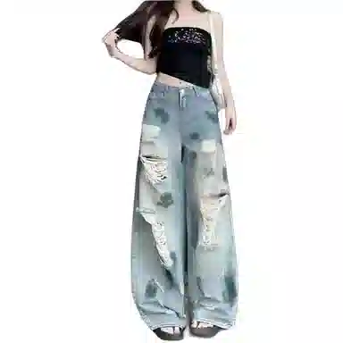 桴生 美式复古小个子高街破洞女宽松水洗做旧阔腿拖地裤夏季薄款牛仔裤 女款