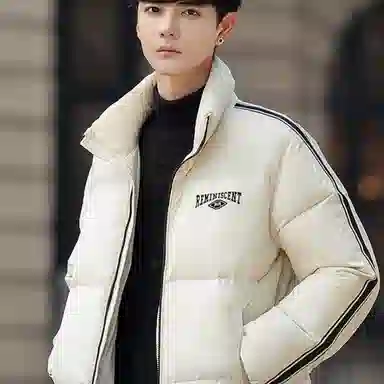 鸭鸭 条纹立领休闲宽松羽绒服 男款