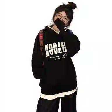 桴生 纯棉美式高街字母贴布刺绣连帽宽松学院风百搭休闲复古时尚特大码卫衣 女款