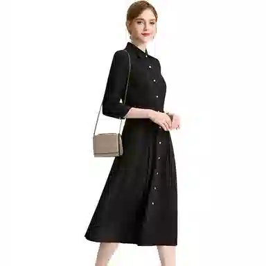 粉红玛琍 纯色翻领高腰长袖连衣裙 女款 黑色