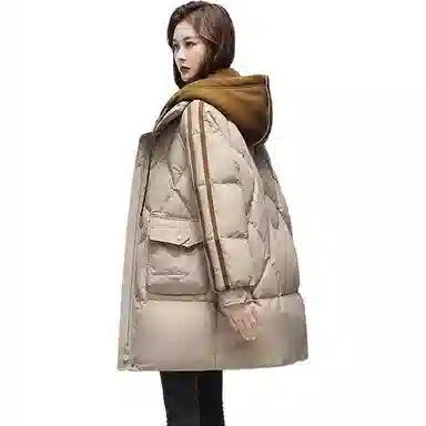 鸭鸭 中长款连帽宽松拉链长袖羽绒服 女款