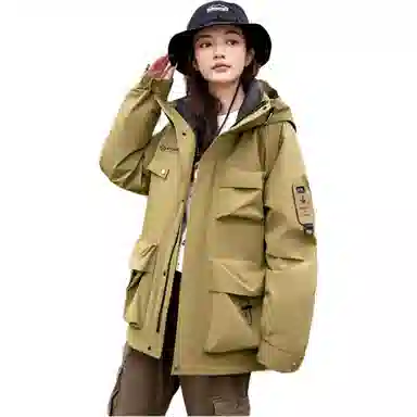 鸭鸭 山系字母印花立体多口袋设计连帽保暖羽绒服 男女同款