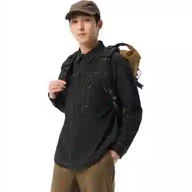 探路者 纯色翻领纽扣百搭透气长袖衬衫 男款 黑色