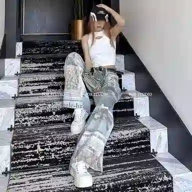 欧迪芬 美式报纸小众高腰牛仔裤 男女同款 复古蓝