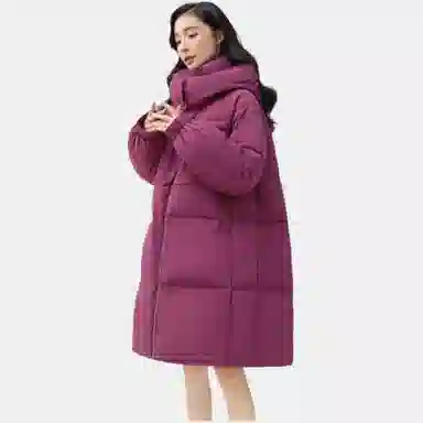 鸭鸭 纯色宽松连帽中长款羽绒服 女款 黑色