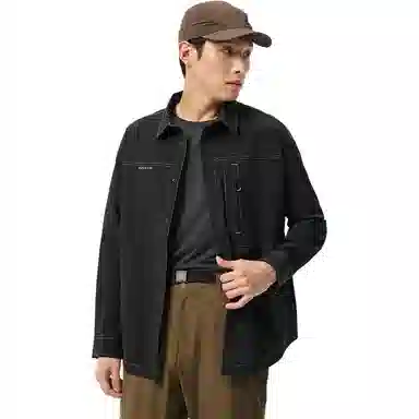 探路者 纯色翻领纽扣百搭透气长袖衬衫 男款 黑色