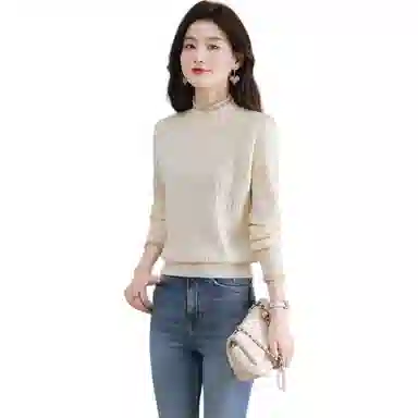 恒源祥 半高领花边蕾丝拼接打底纯色长袖针织衫 女款