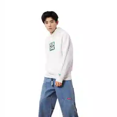 中国李宁 巴黎时装周 莲花束图案刺绣套头连帽卫衣 男款 白色