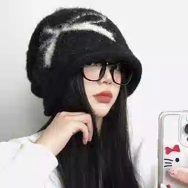 【版型好~秋冬必备】 攸委 蝴蝶结黑色堆堆帽女冬季保暖加厚时尚百搭 涤纶 复古大头围显脸小针织冷帽护耳帽包头帽子 男女同款情侣款