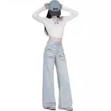 莫代尔 小个子低腰水洗磨破美式复古做旧直筒拖地牛仔裤 女款 浅蓝色