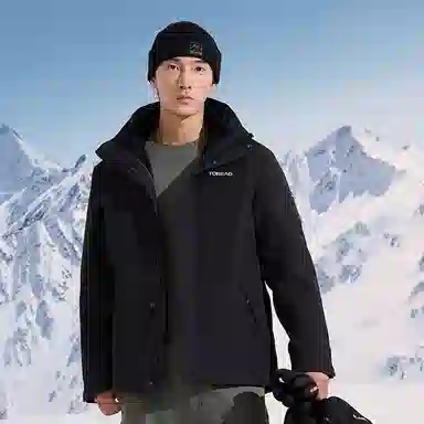 探路者 字母印花防风保暖防水三合一抓绒冲锋衣 男款 黑色