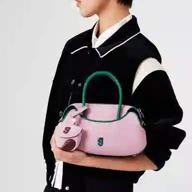 古良吉吉 百搭潮流棒球包 牛头层皮革 手提包 小号 女款 粉色