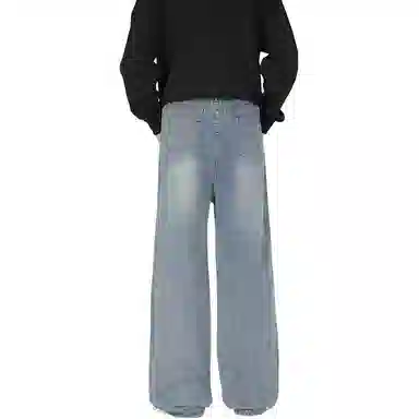 袋鼠 高街设计感宽松时尚休闲直筒牛仔裤 男女同款