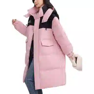 鸭鸭 拼色简约保暖纯色舒适休闲连帽长款外套羽绒服 男女同款