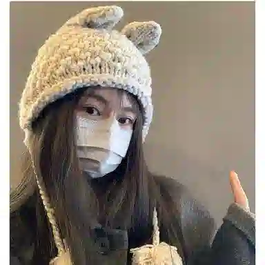 【通勤百搭~可爱小兔】 攸委 复古呆萌手工兔耳朵毛线针织帽子秋冬保暖护耳加绒显脸小 涤纶 户外休闲时尚包头帽绒线帽雷锋帽 女款