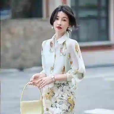 【dme】 印花休闲通勤尖领长袖衬衫 女款 黄色