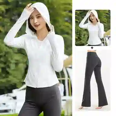 欧迪芬 修身连帽春夏冰丝防晒服凉感短款显瘦外套微喇叭裤两件套速干时尚运动风轻盈舒适感防晒衣透气性好时尚设计显瘦效果健身套装 女款